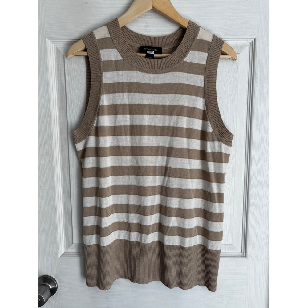 St John Womens Wool Blend Striped Knit Tank Top Beige White Large quite luxury‎